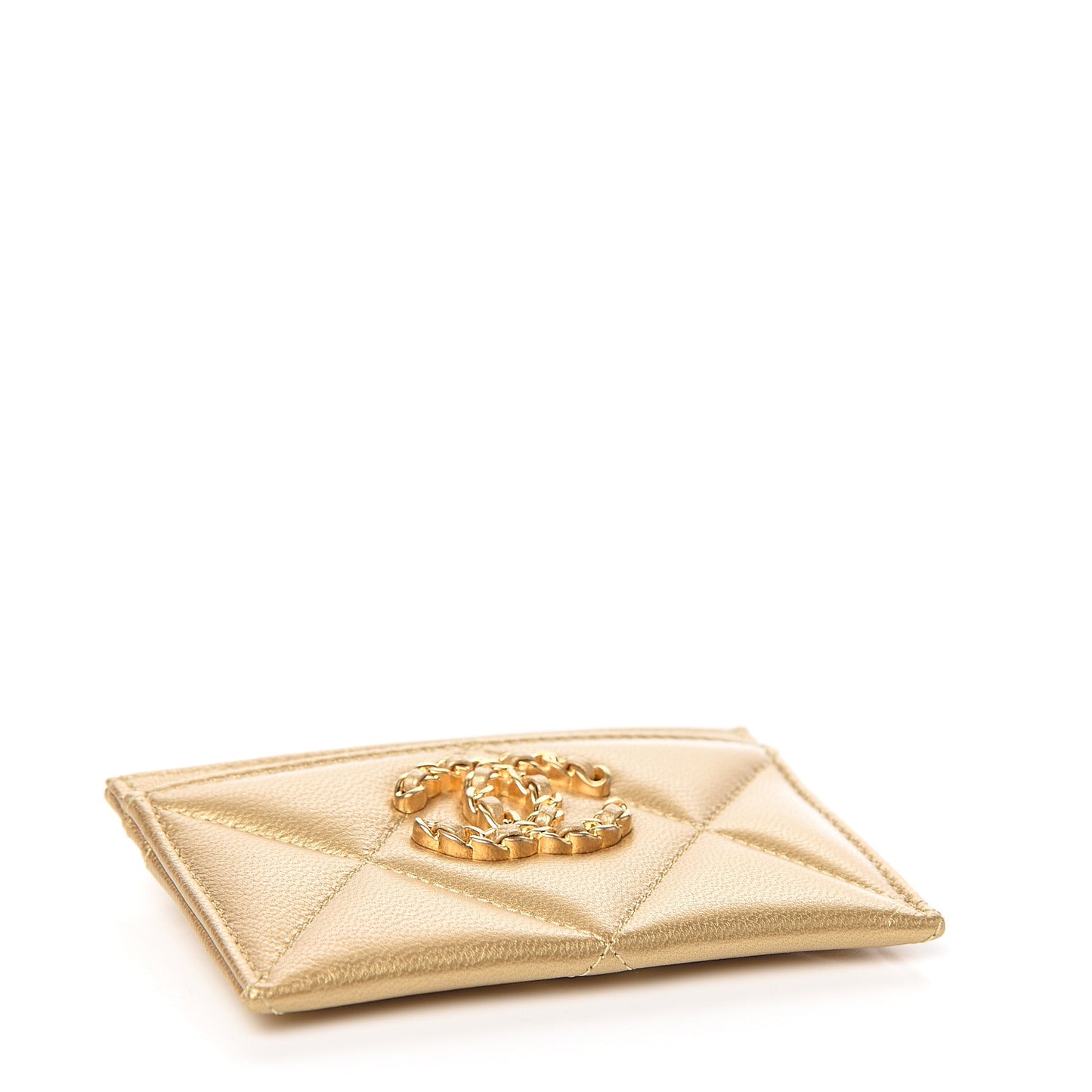 Metallic Goatskin Quilted Chanel 19 Card Holder Gold