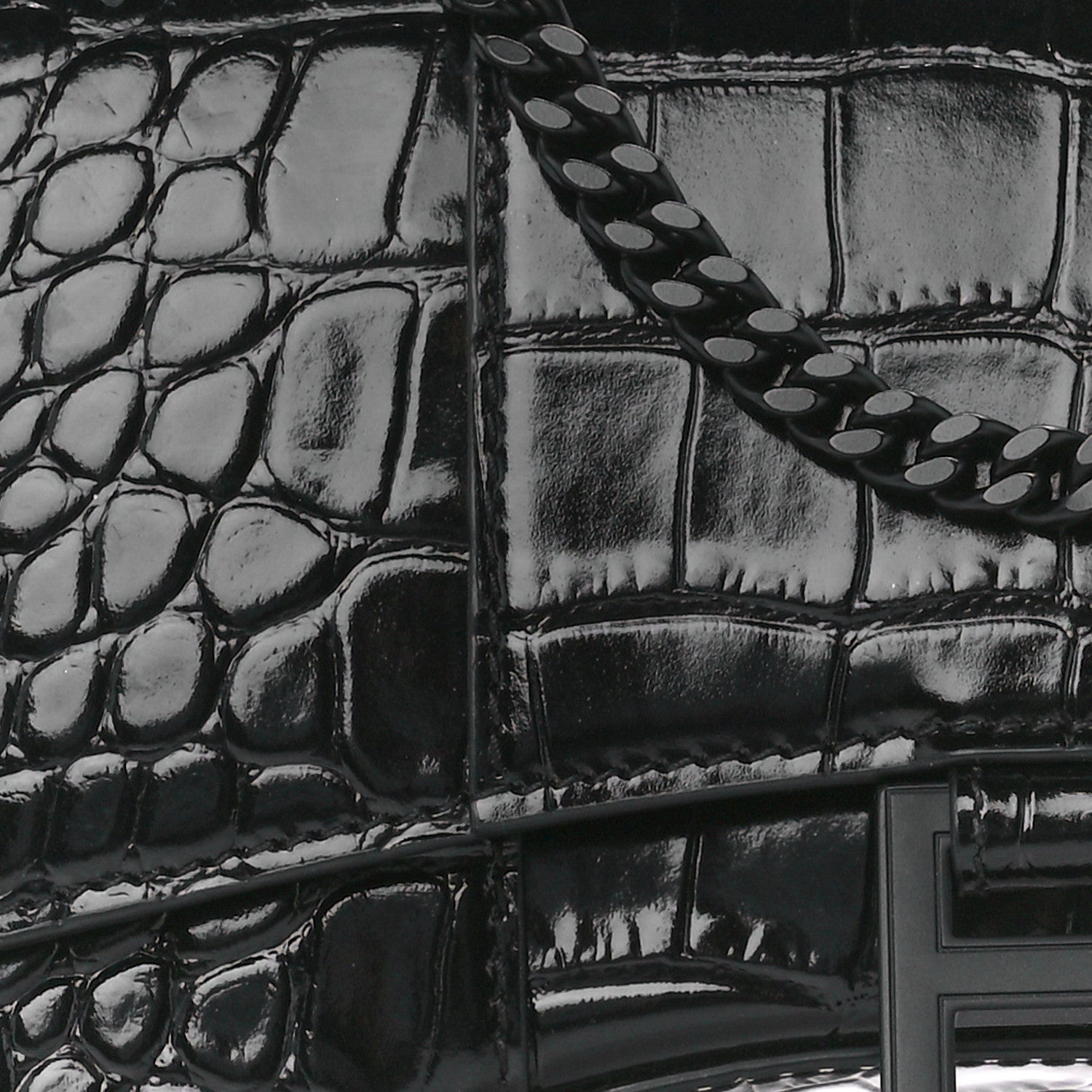 Balenciaga Shiny Calfskin Monochrome Crocodile Embossed Hourglass Chain Bag Black 8 of 10