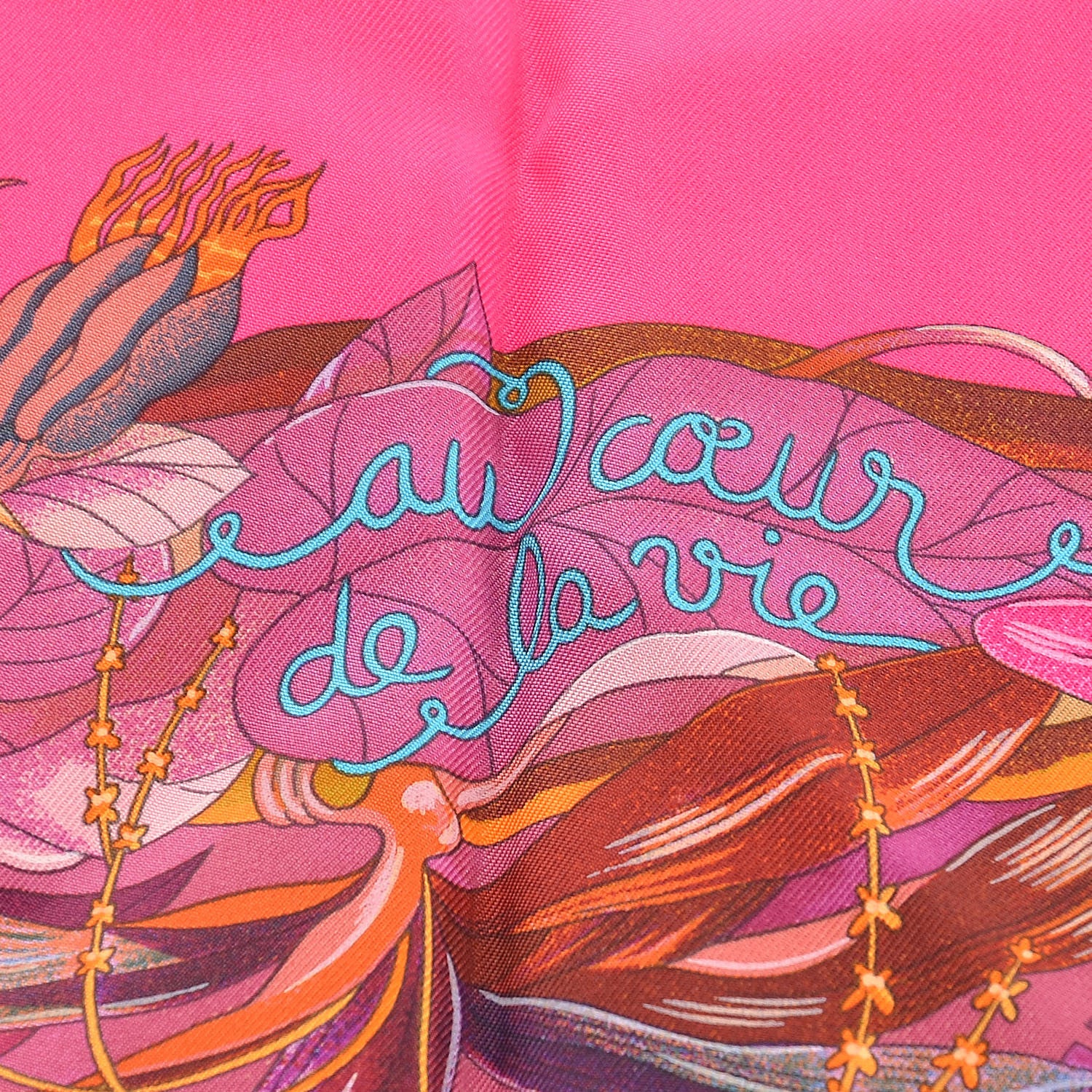 Hermes Silk Au Coeur de la Vie Scarf 90 Rose Vif Orange Violet 6 of 6