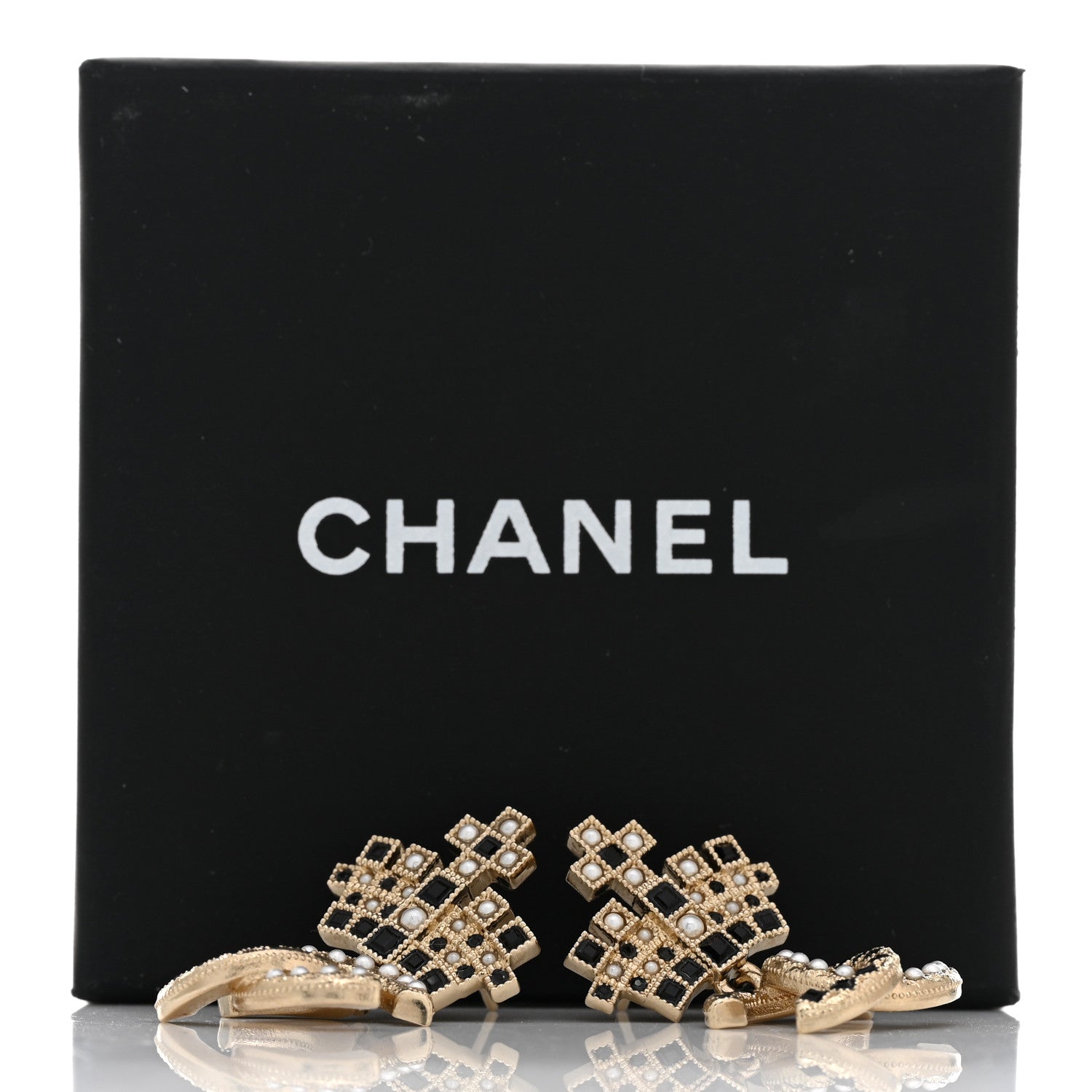 Chanel Resin Crystal Pearl CC Crown Drop Earrings Gold Black 5 of 5