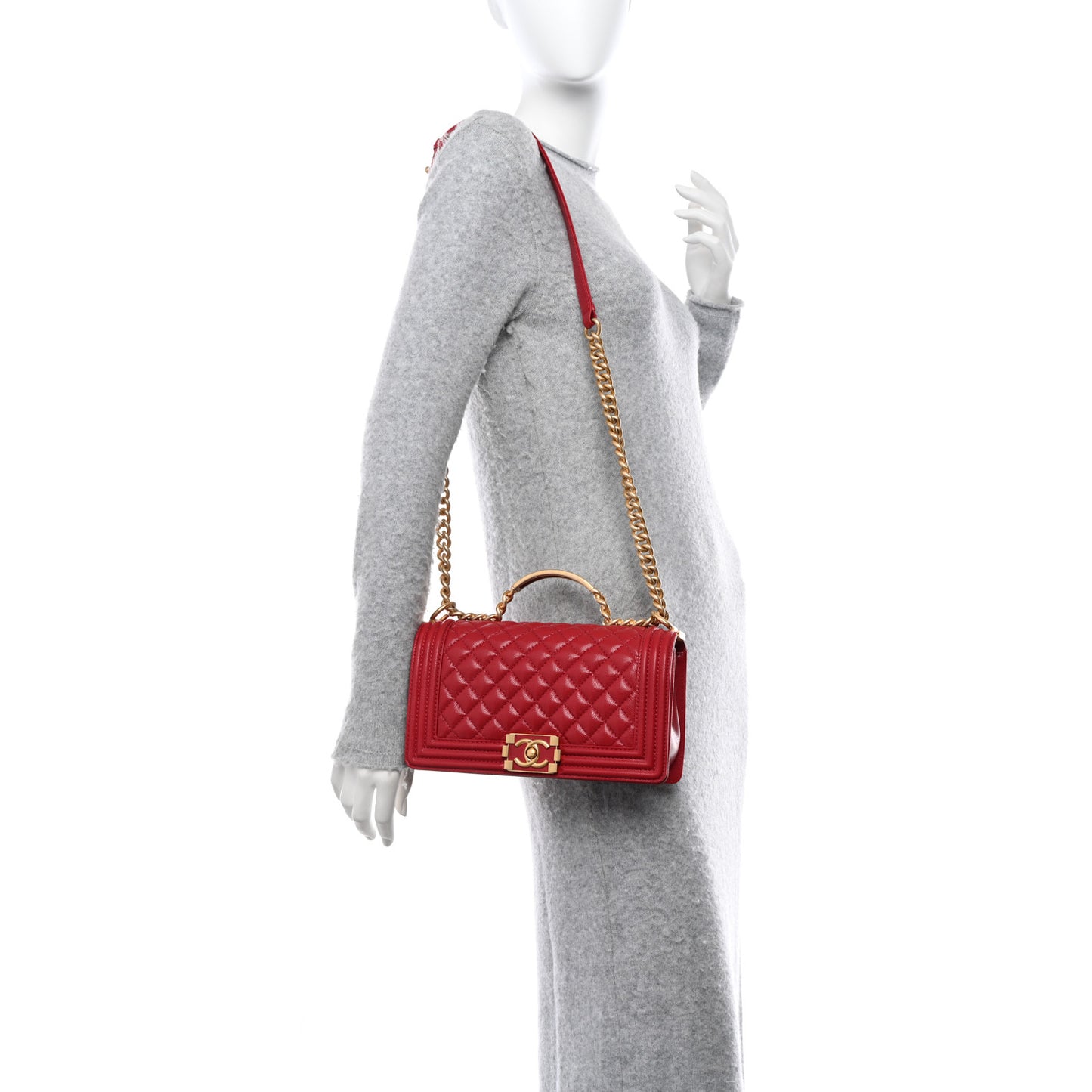Caviar Medium Boy Logo Top Handle Flap Red