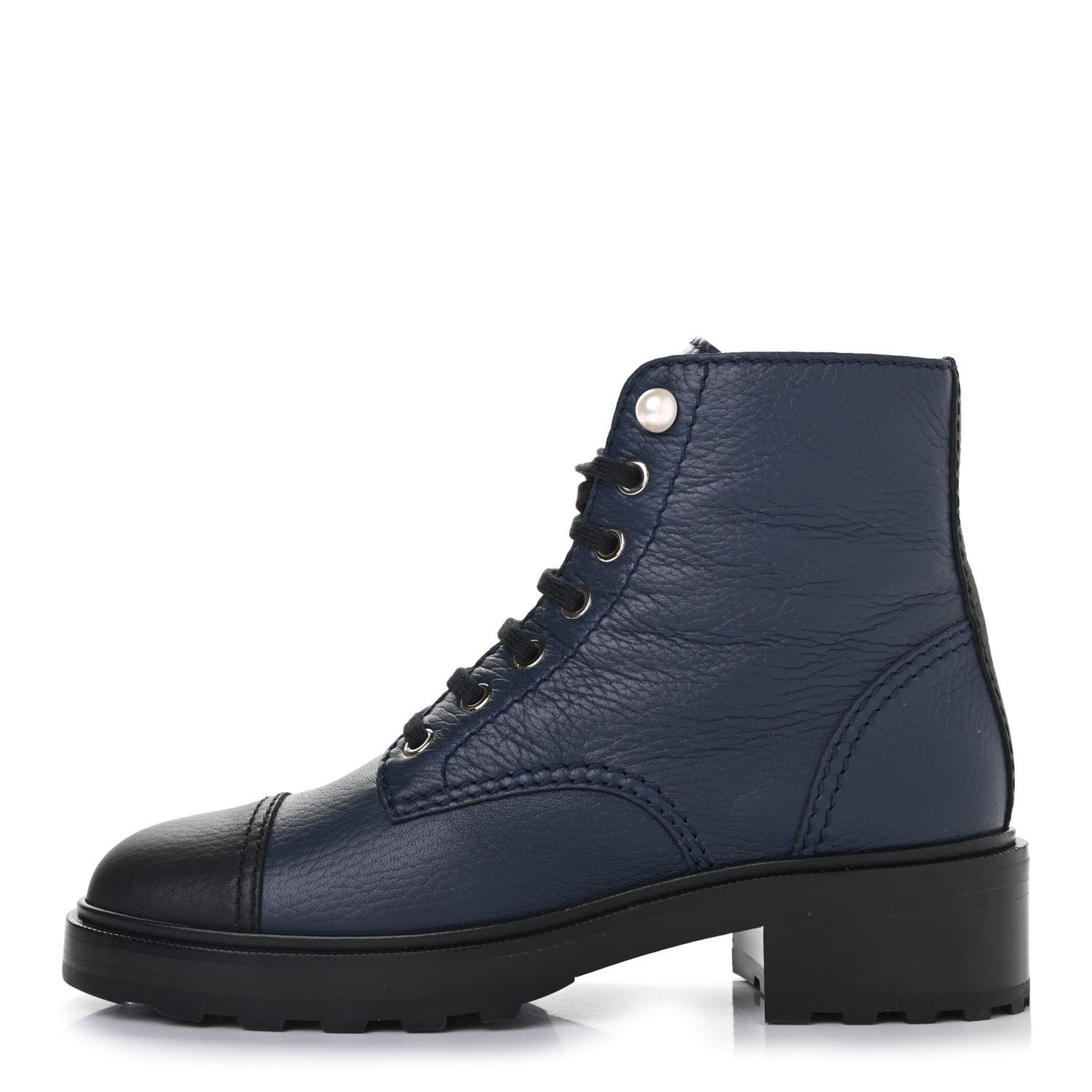 Calfskin Pearl Combat Short Boots 39 Navy Black