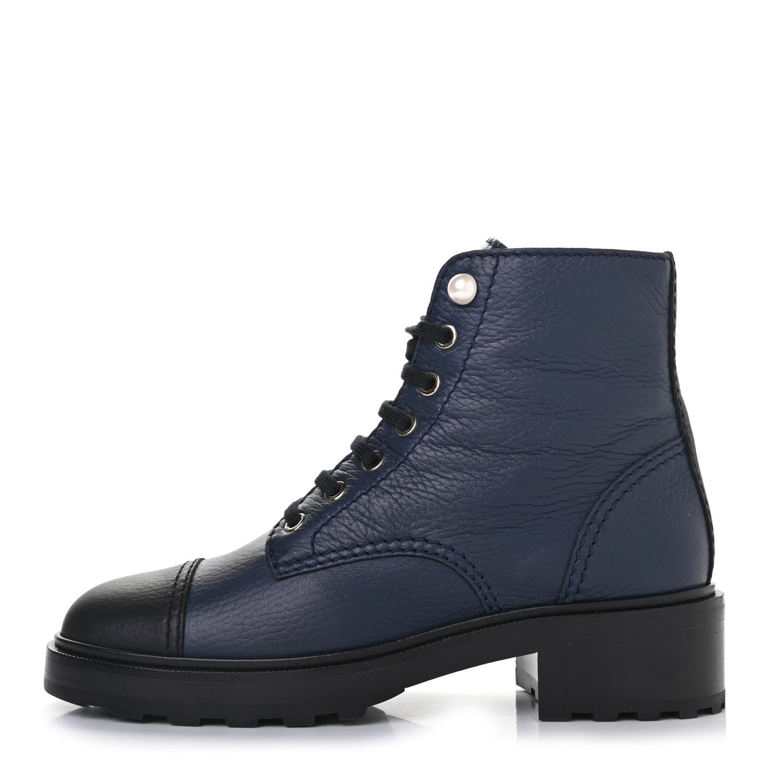 Chanel Calfskin Pearl Combat Short Boots 39 Navy Black 1 of 4