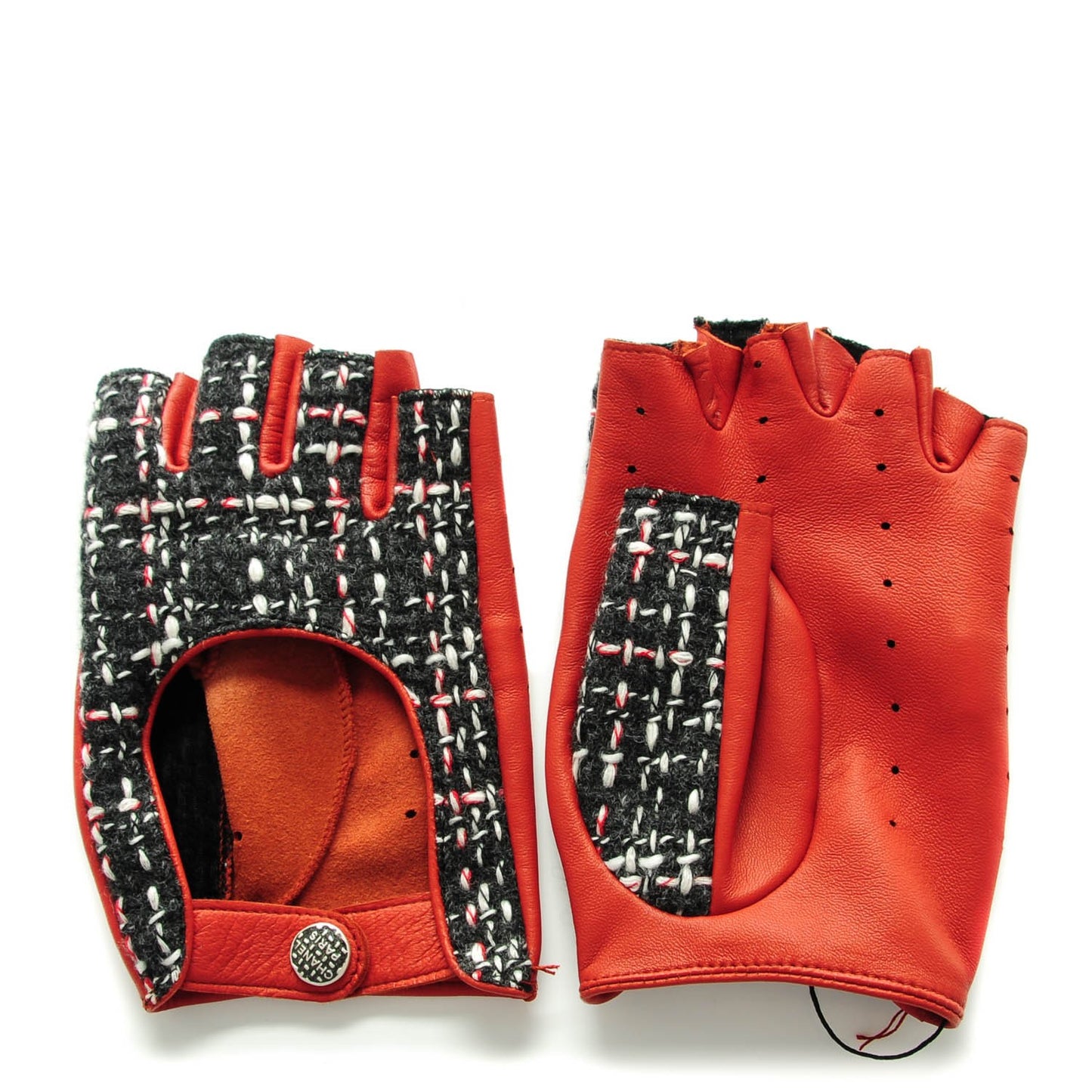 Lambskin Fantasy Tweed Fingerless Gloves 8 Red Black
