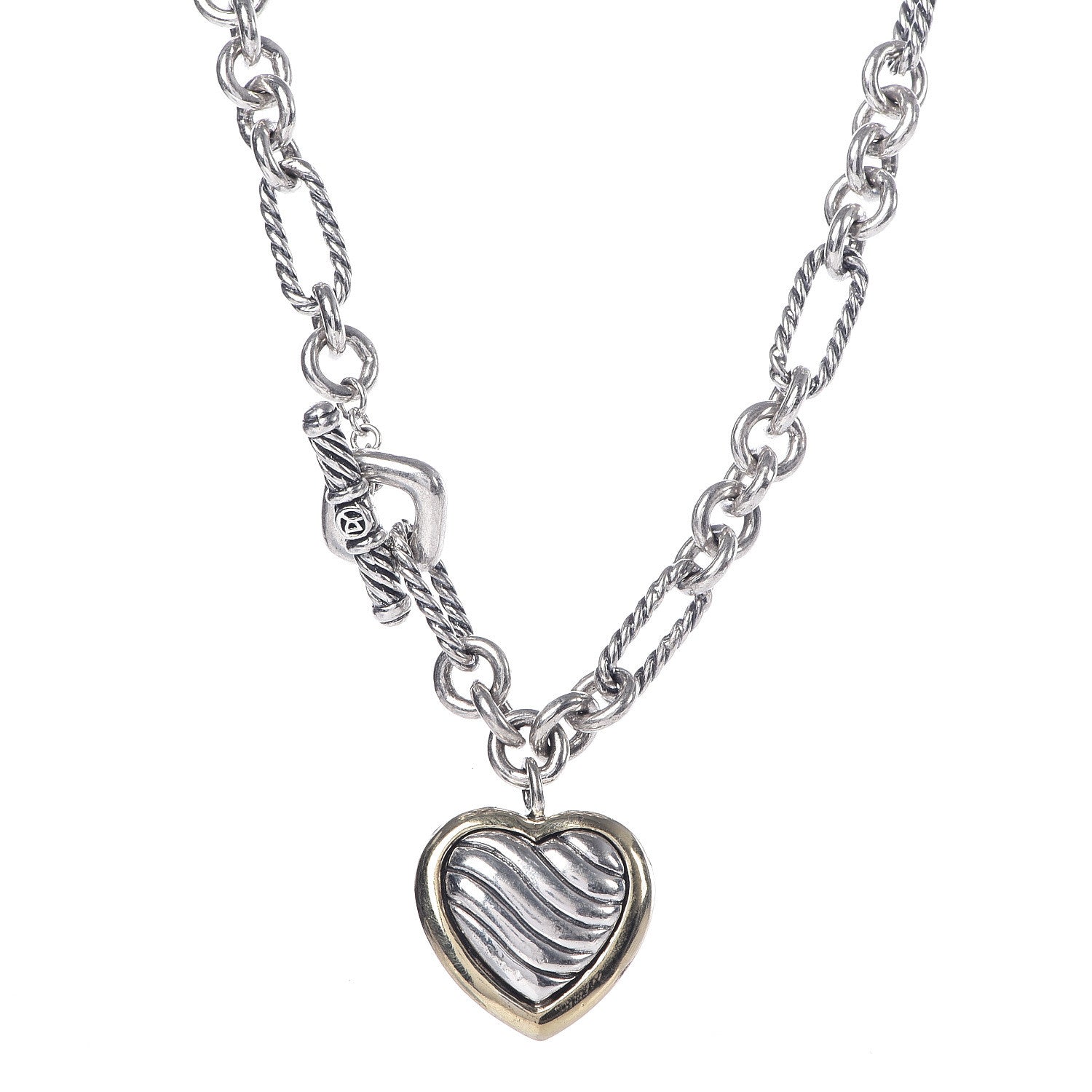 David Yurman Sterling Silver 18K Yellow Gold Cable Heart Figaro Necklace 1 of 5