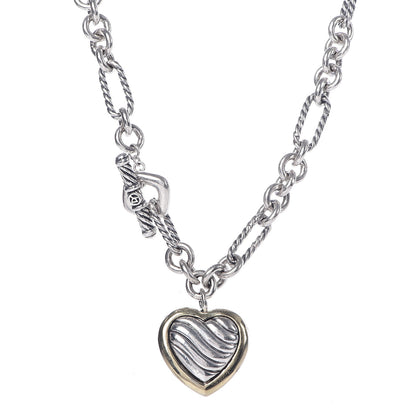 David Yurman Sterling Silver 18K Yellow Gold Cable Heart Figaro Necklace 1 of 5