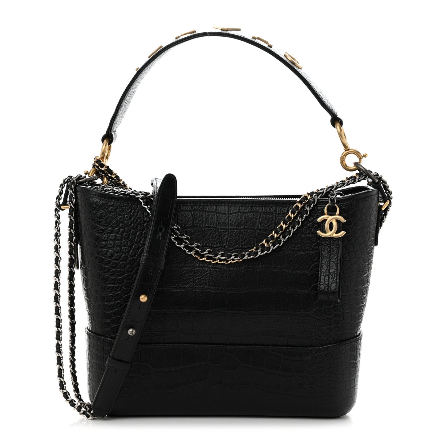 Crocodile Embossed Calfskin Medium Gabrielle Cocodile Hobo Black