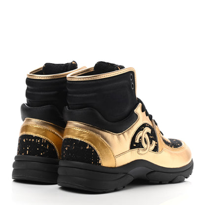 Chanel Satin Lambskin Fabric Tweed CC High Top Sneakers 35.5 Black Gold 4 of 8