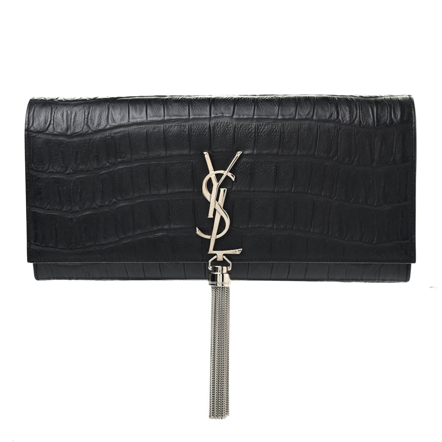 Calfskin Crocodile Embossed Classic Monogram Tassel Clutch Black