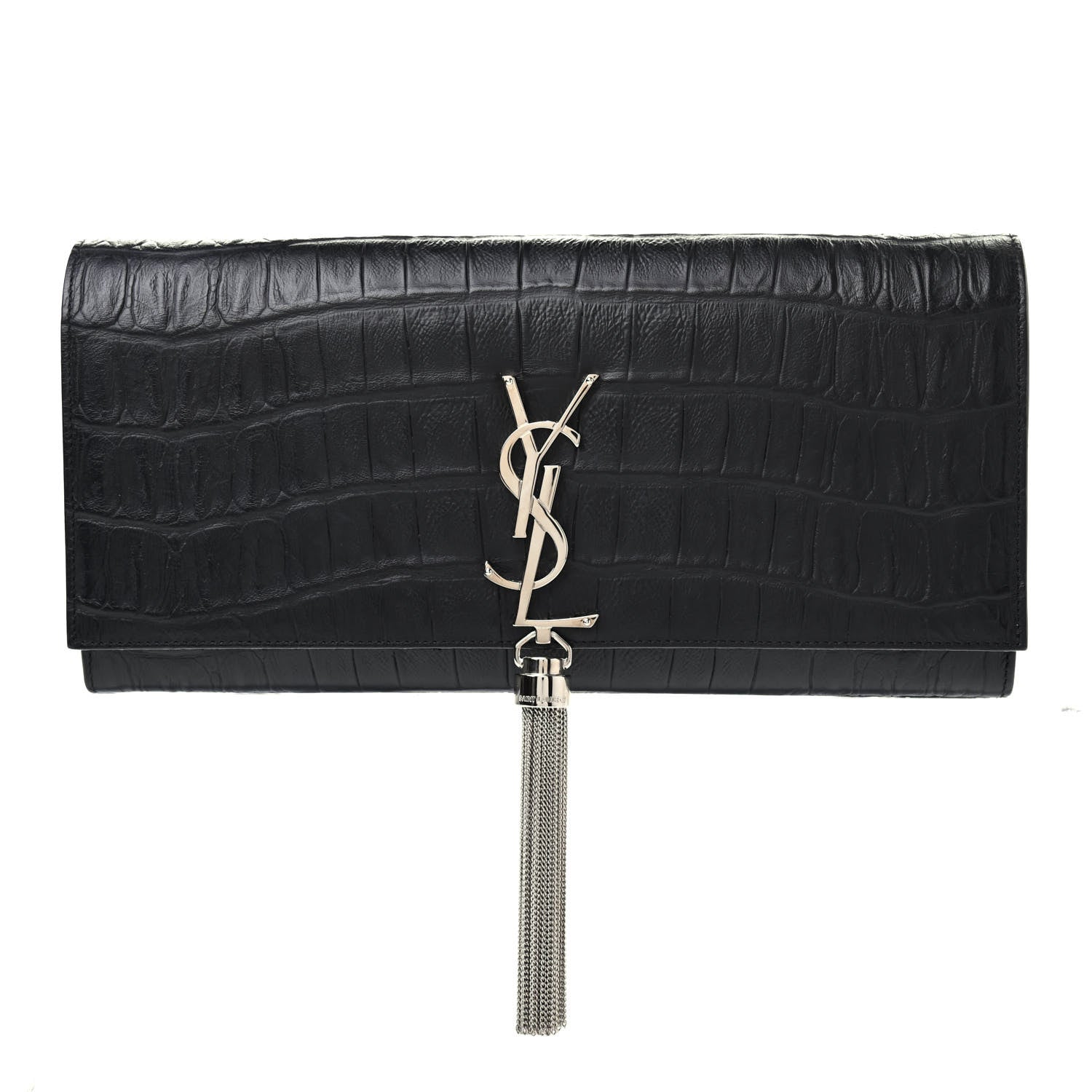 Saint Laurent Calfskin Crocodile Embossed Classic Monogram Tassel Clutch Black 1 of 7