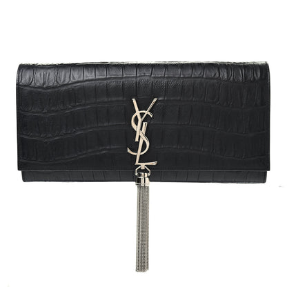 Saint Laurent Calfskin Crocodile Embossed Classic Monogram Tassel Clutch Black 1 of 7