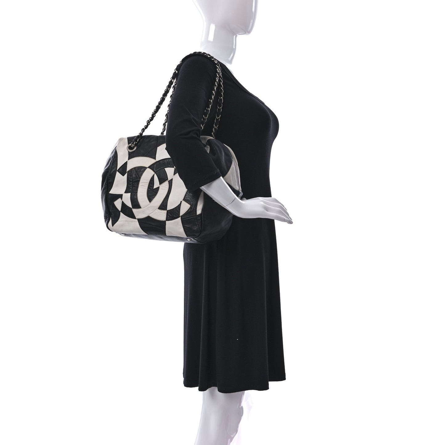 Lambskin CC Patchwork Shoulder Bag Black White