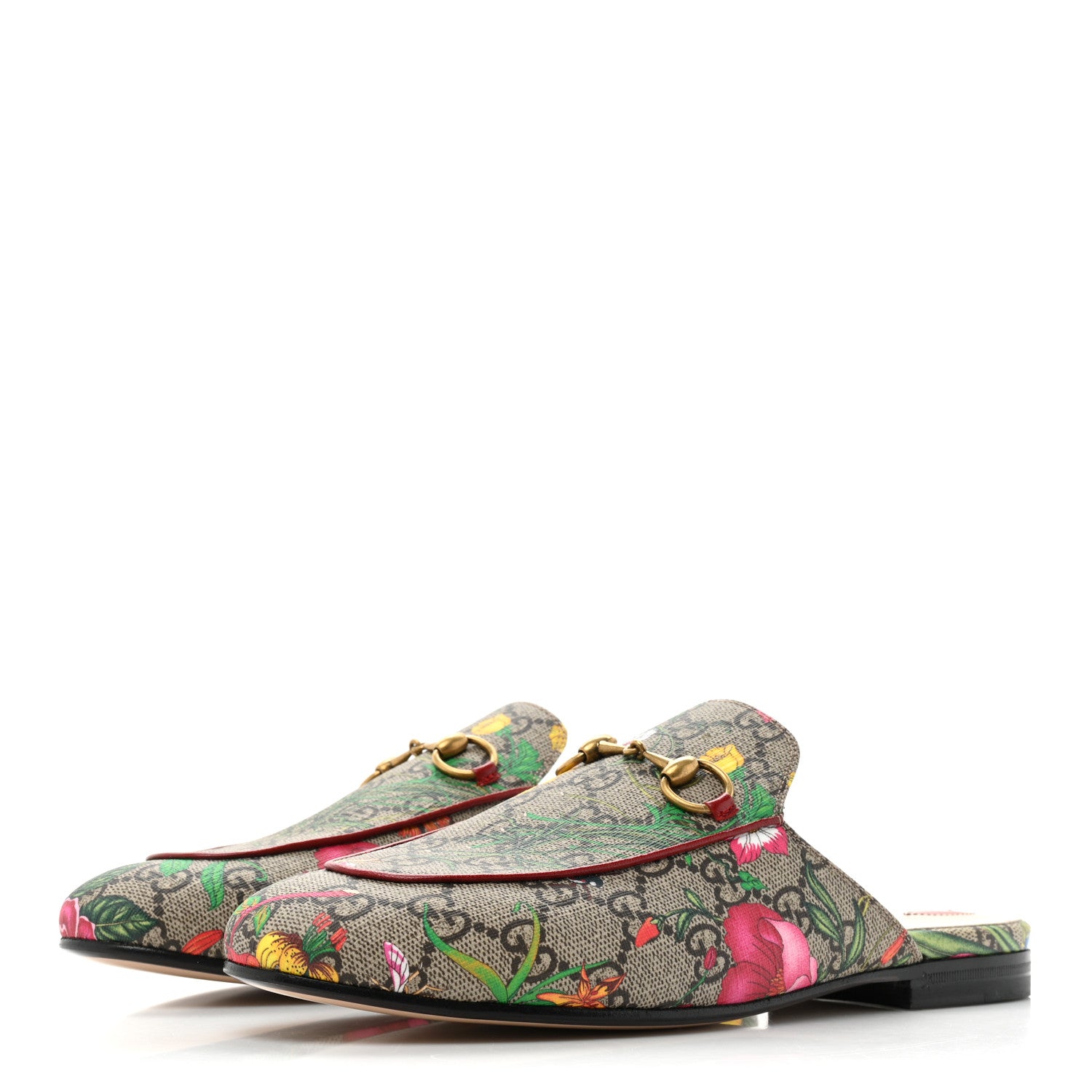 Gucci GG Supreme Monogram Flora Womens Princetown Slippers 37.5 Beige Ebony Multicolor Rosso 3 of 9
