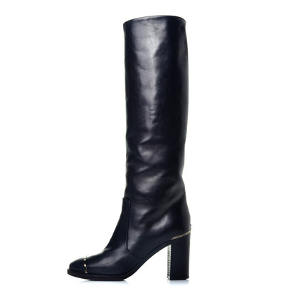 Chanel Calfskin CC Cap Toe Knee High Boots 37.5 Black 1 of 9