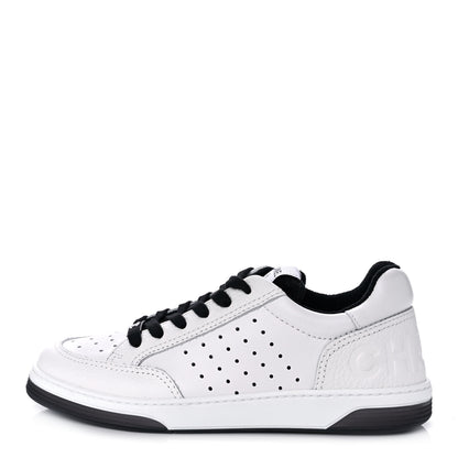 Chanel Grained Calfskin Fabric Womens Logo Sneakers 38 White Black 1 of 8