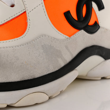 Chanel Suede Calfskin Lambskin Neoprene High Top CC Sneakers 39.5 White Fluo Orange 22 of 23