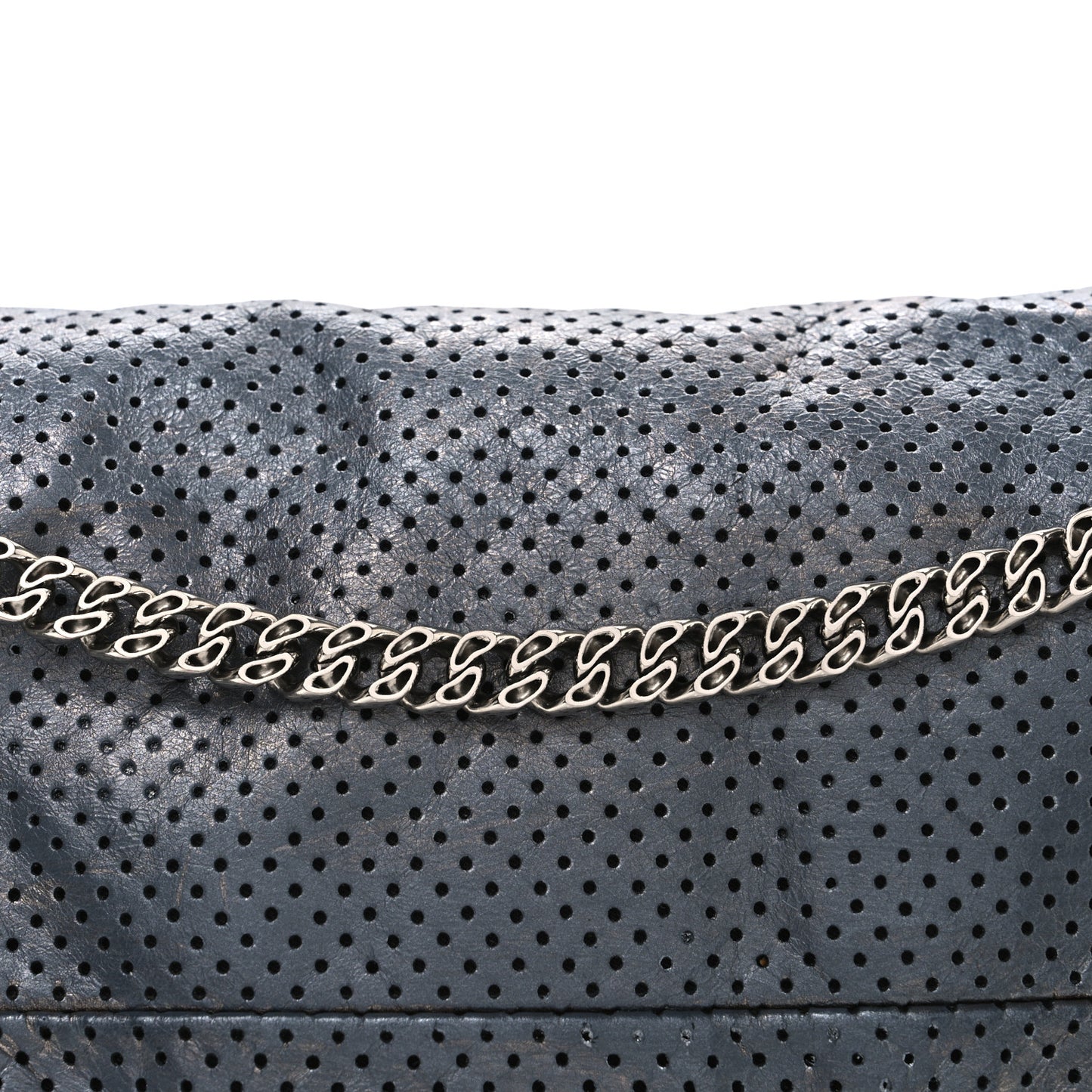 Metallic Crackled Calfskin Perforated Drill Flap Silver