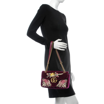 Gucci Velvet Matelasse Embroidered Small GG Marmont Shoulder Bag Fuchsia Violet Cyclamen 3 of 8
