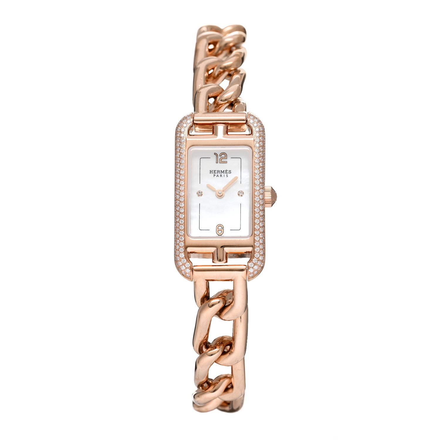 Hermes 18K Rose Gold Diamond Mother of Pearl 17mm Nantucket Quartz Watch 1 of 5