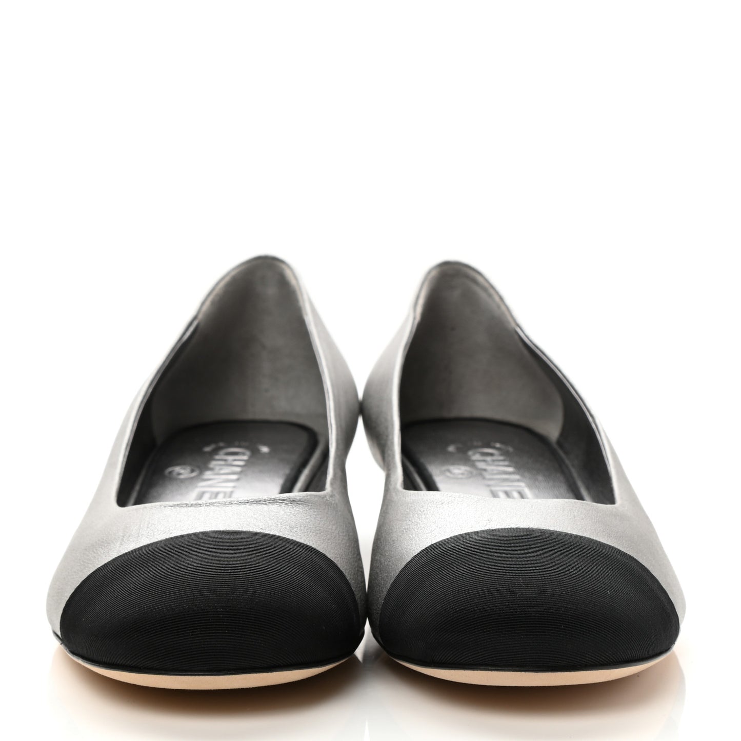 Metallic Calfskin Grosgrain Cap Toe CC Ballerina Flats 37 Silver Black