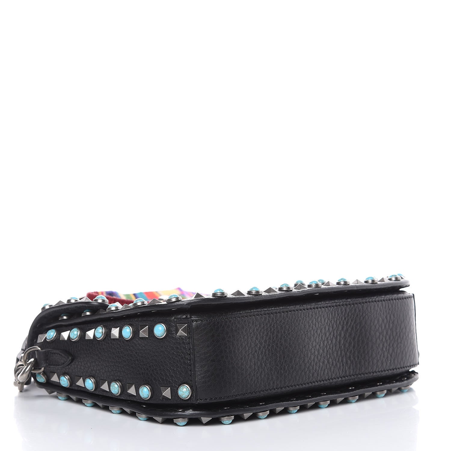 Valentino Garavani Pebbled Calfskin Turquoise Medium Guitar Strap Rockstud Rolling Flap Saddle Bag Black 5 of 11