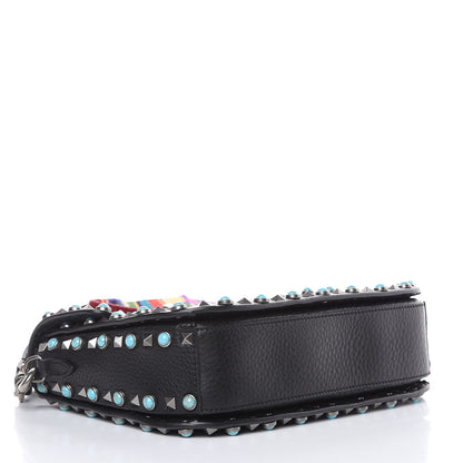 Valentino Garavani Pebbled Calfskin Turquoise Medium Guitar Strap Rockstud Rolling Flap Saddle Bag Black 5 of 11