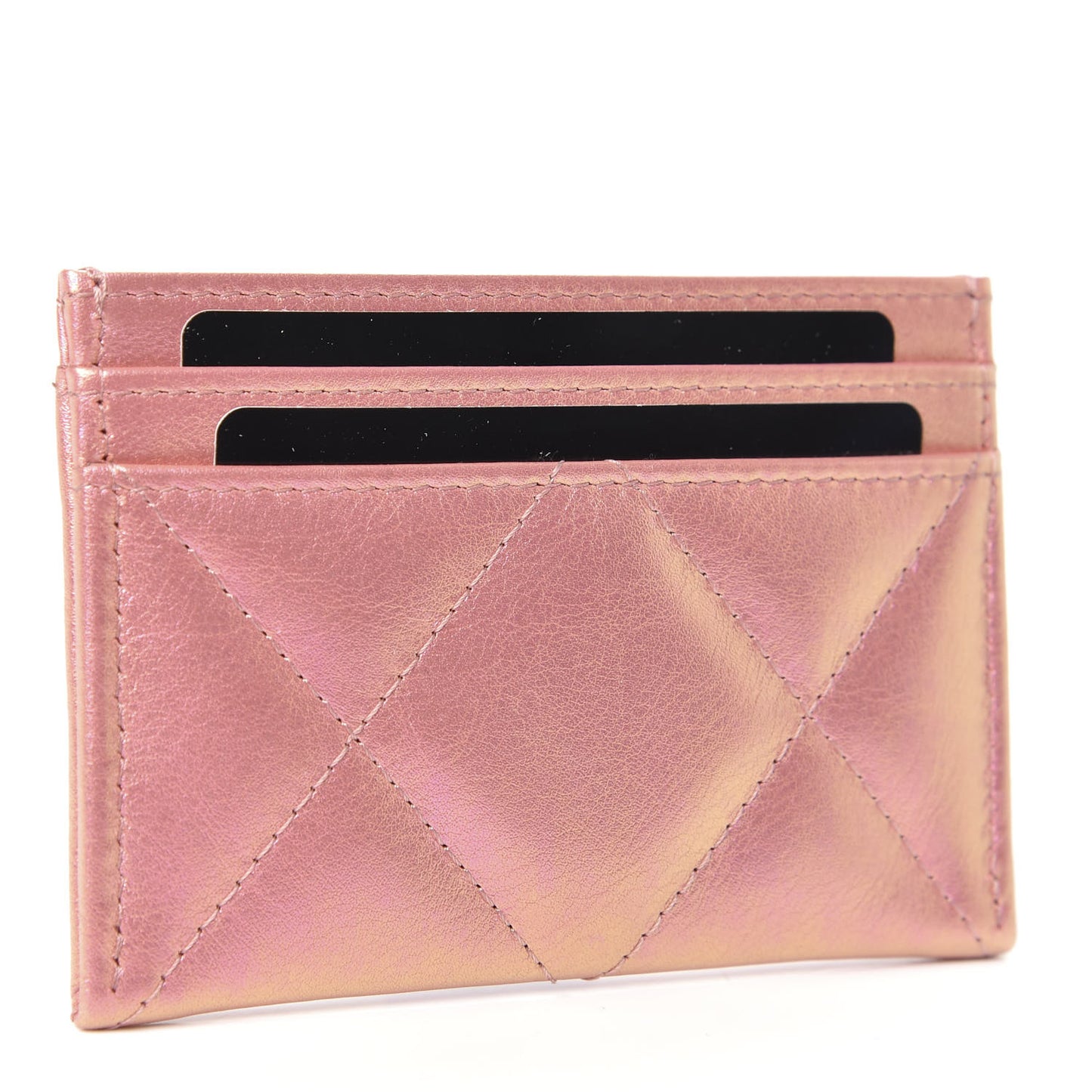 Iridescent Calfskin Quilted Chanel 19 Card Holder Pink