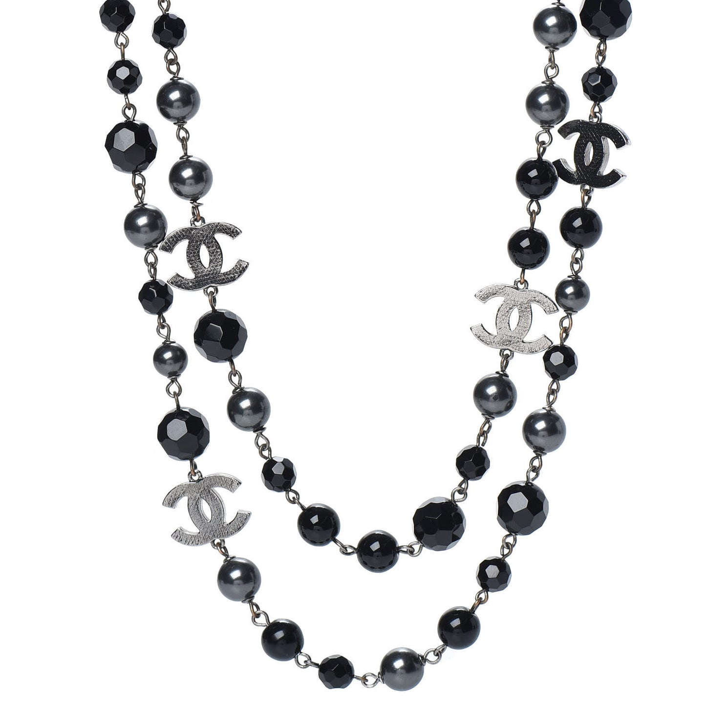 Pearl Beaded CC Long Necklace Silver Black