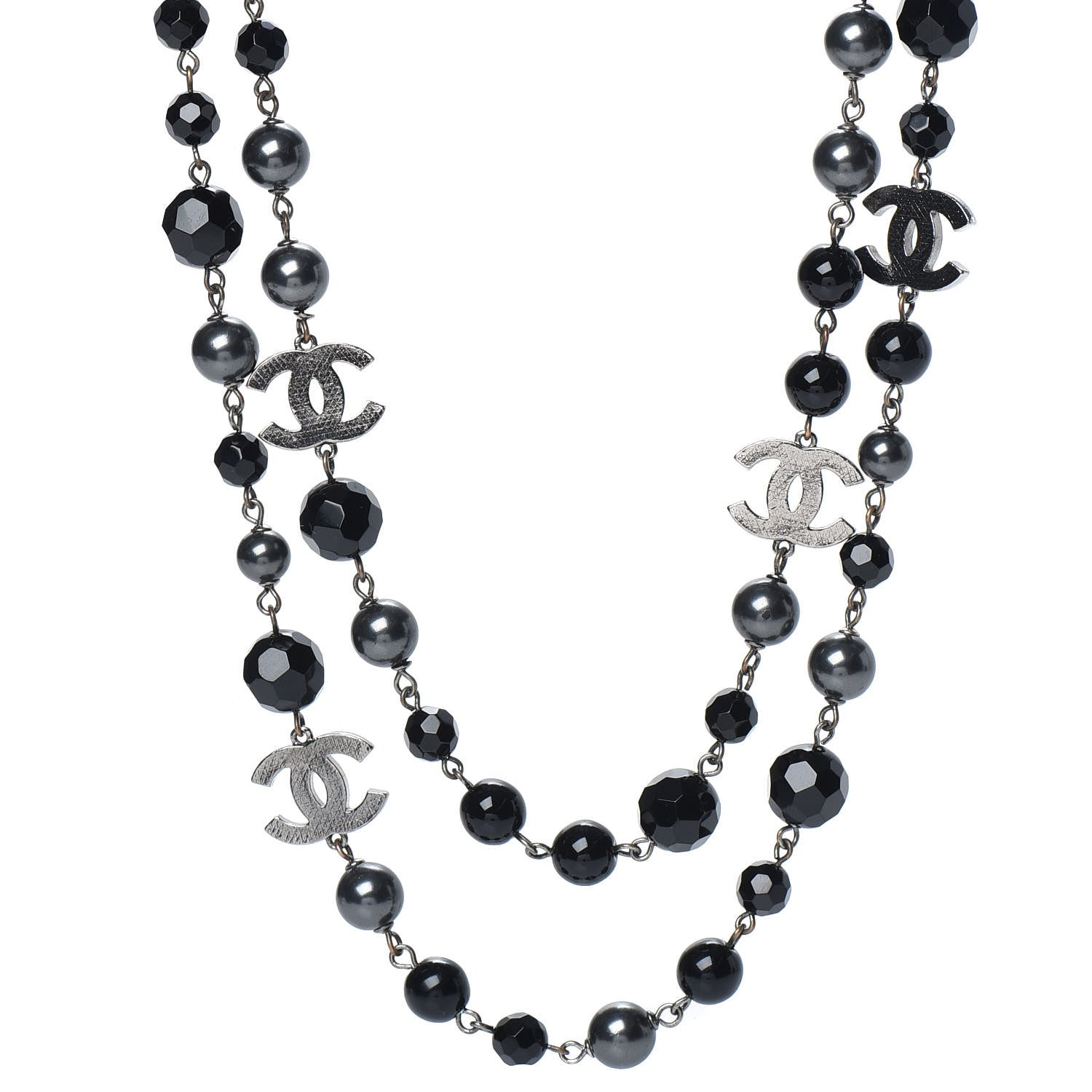 Chanel Pearl Beaded CC Long Necklace Silver Black 1 of 5