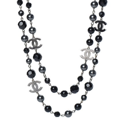 Chanel Pearl Beaded CC Long Necklace Silver Black 1 of 5