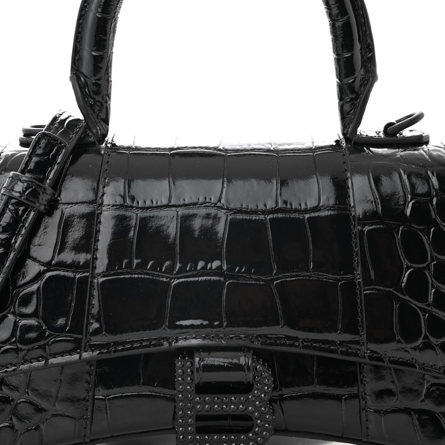 Shiny Calfskin Strass Monochrome Crocodile Embossed Hourglass Top Handle Bag XS Black