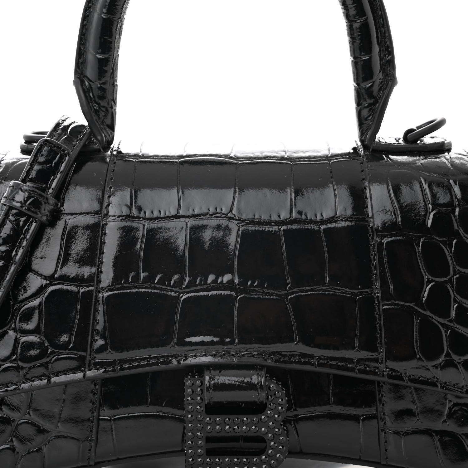 Balenciaga Shiny Calfskin Strass Monochrome Crocodile Embossed Hourglass Top Handle Bag XS Black 7 of 10