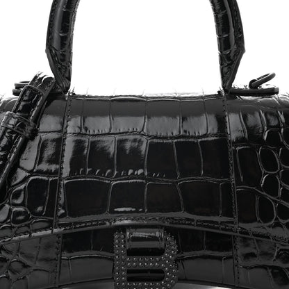 Balenciaga Shiny Calfskin Strass Monochrome Crocodile Embossed Hourglass Top Handle Bag XS Black 7 of 10