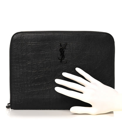 Saint Laurent Calfskin Crocodile Embossed Monogram iPad Case Black 2 of 10
