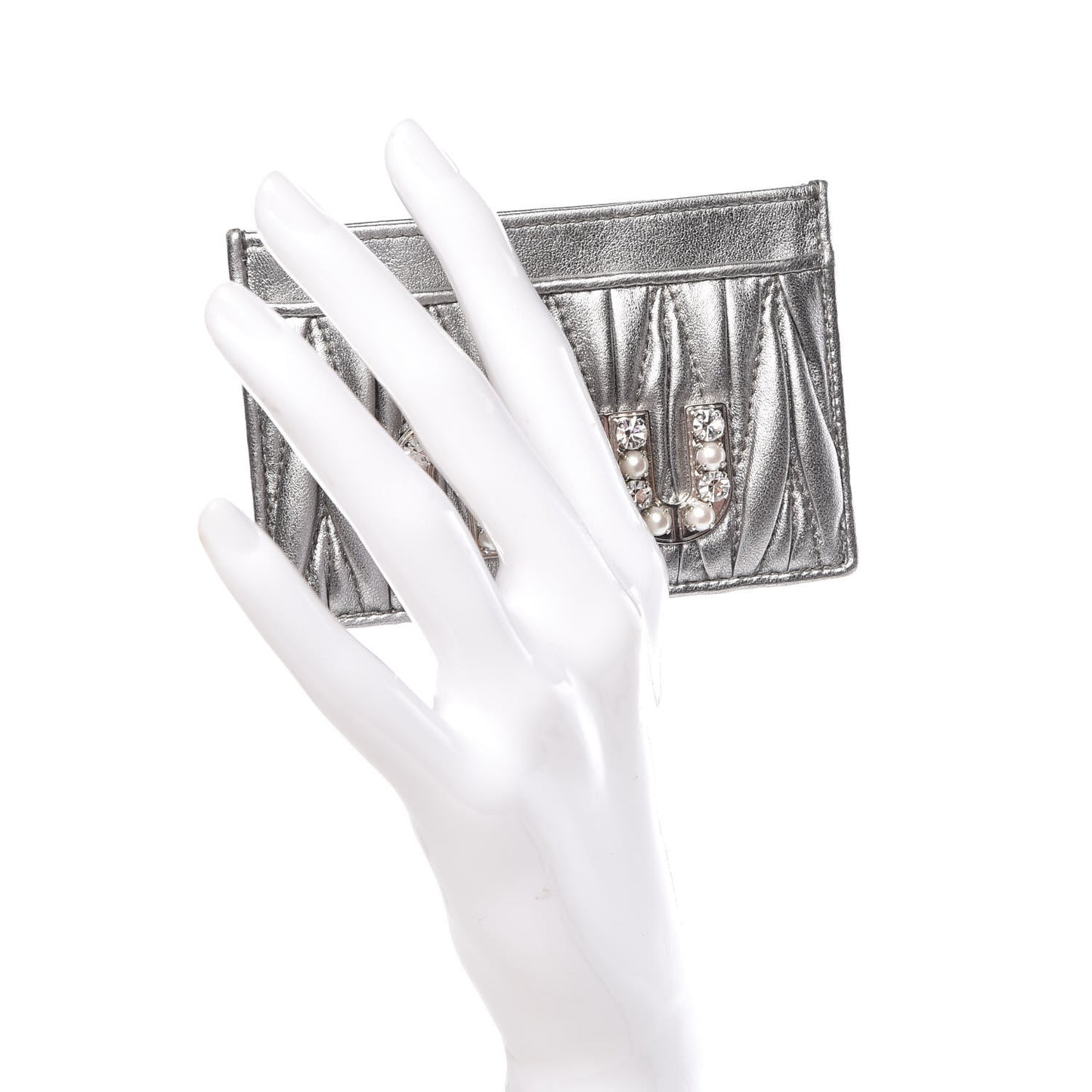 Metallic Goatskin Matelasse Crystal Miu Card Case Cromo