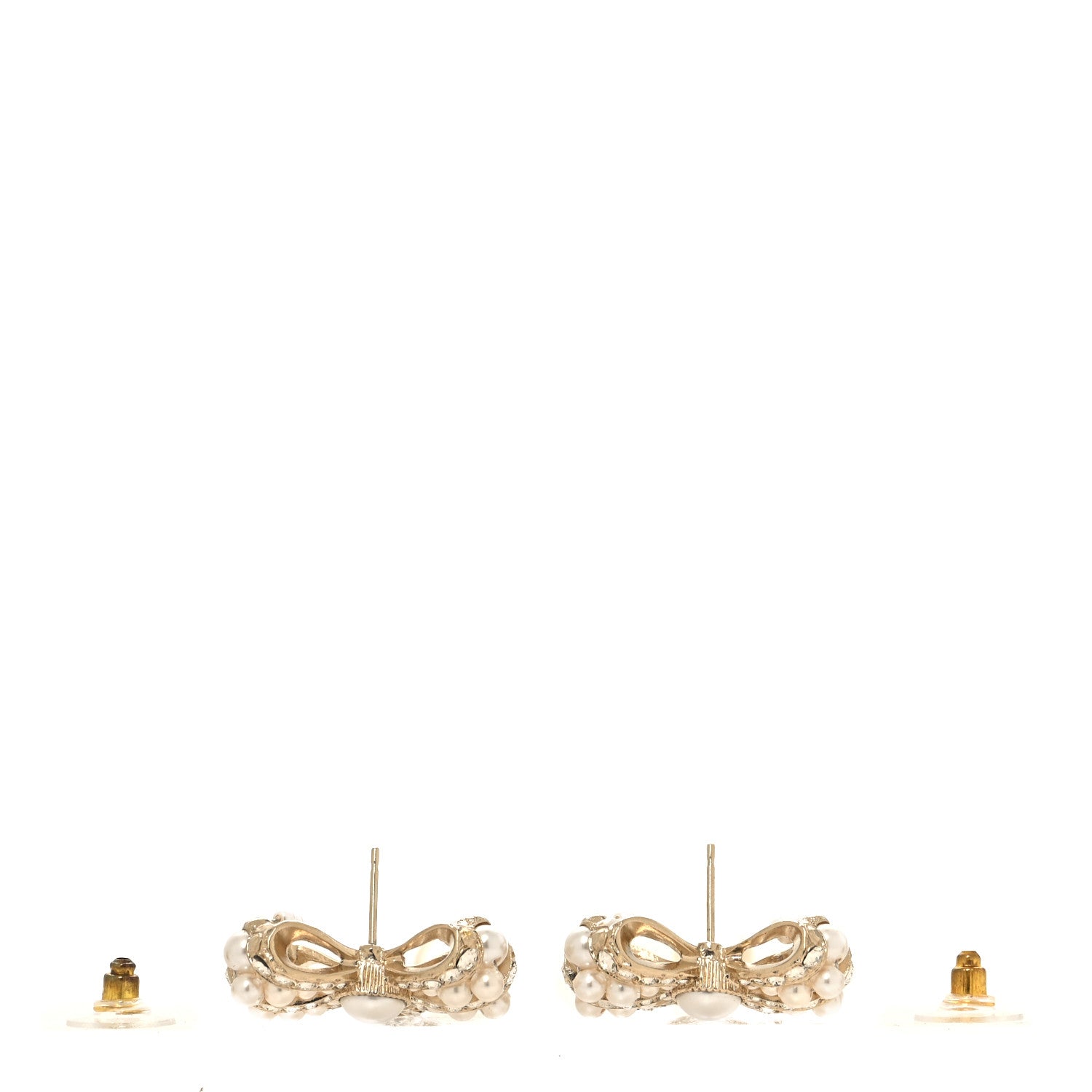 Chanel Crystal Pearl CC Bow Drop Earrings Gold Pearly White 3 of 5