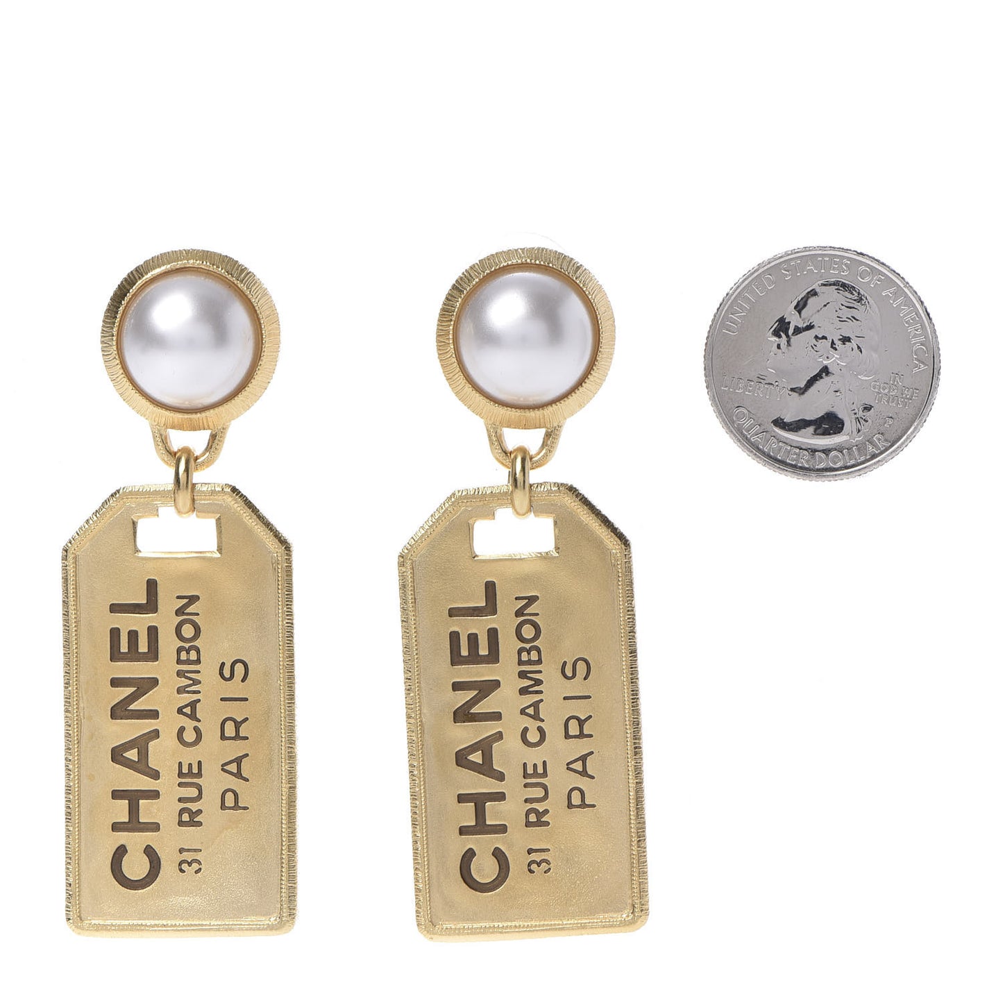 Pearl CC Tags Drop Earrings Gold