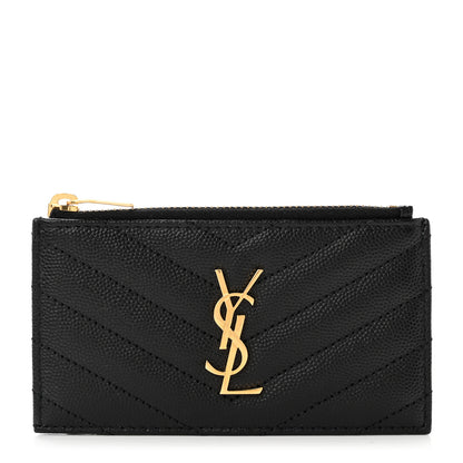 Saint Laurent Grain De Poudre Matelasse Chevron Monogram Fragments Zippered Card Case Black 1 of 7