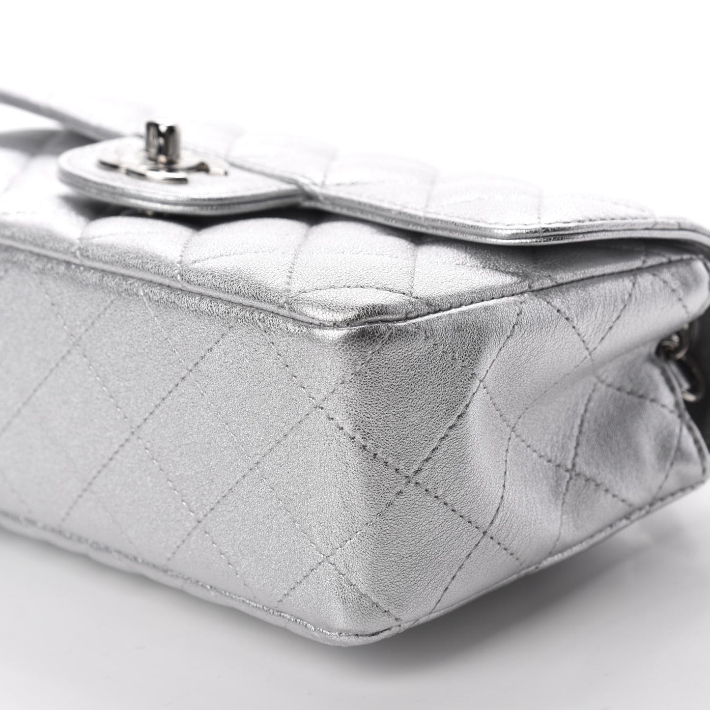 Metallic Lambskin Quilted Mini Rectangular Flap Silver