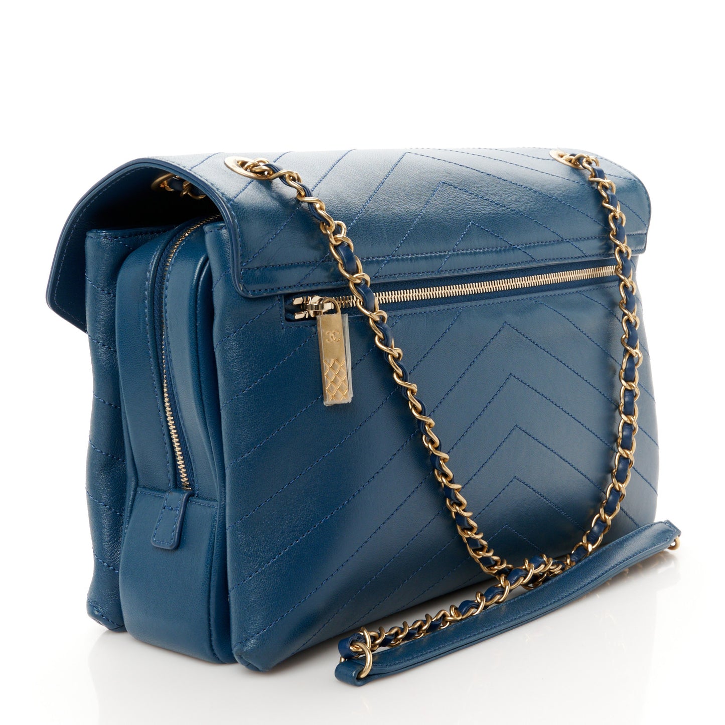 Lambskin Chevron Stitched Large Envelope Flap Blue