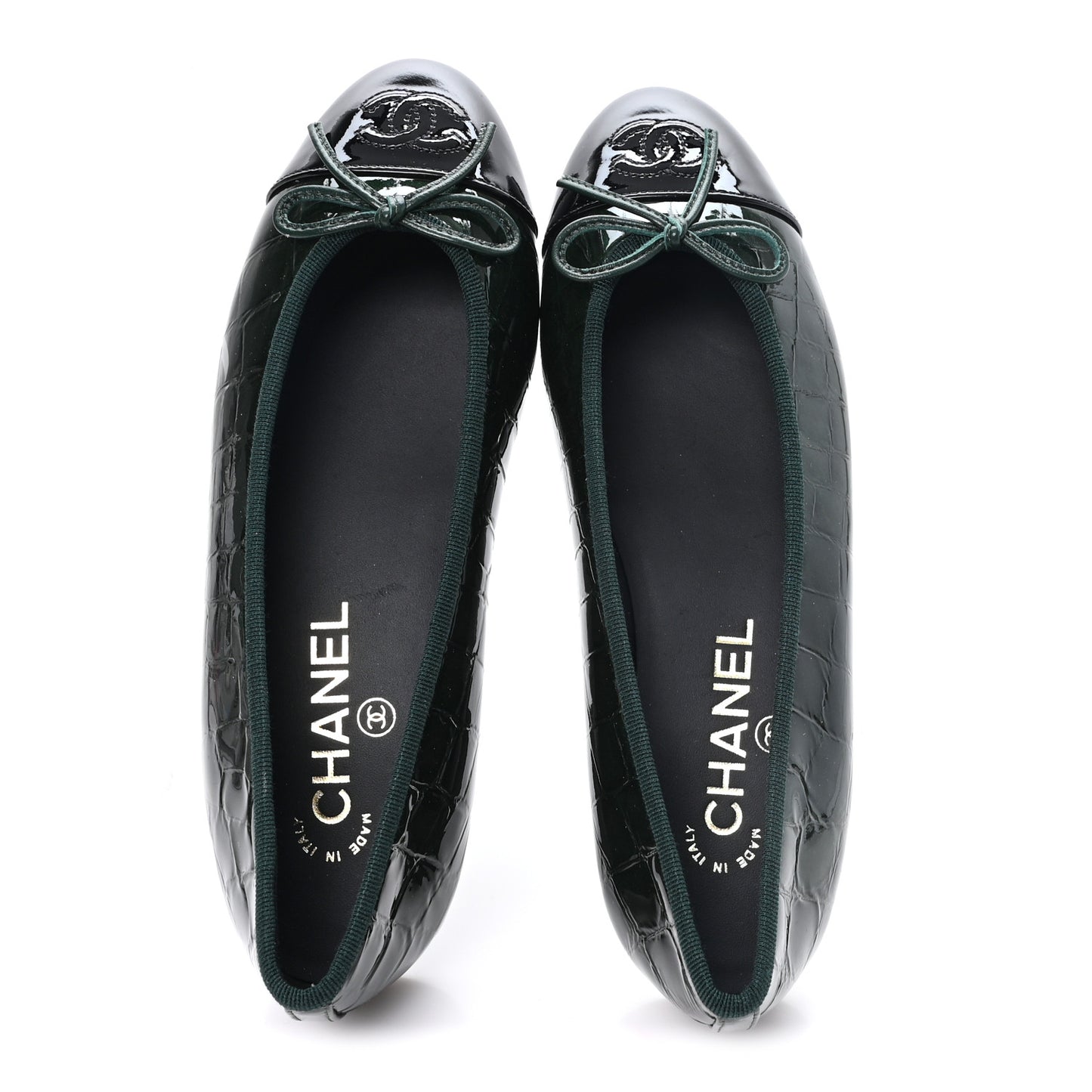 Crocodile Embossed Patent Calfskin Ballet Flats 36.5 Dark Green Black