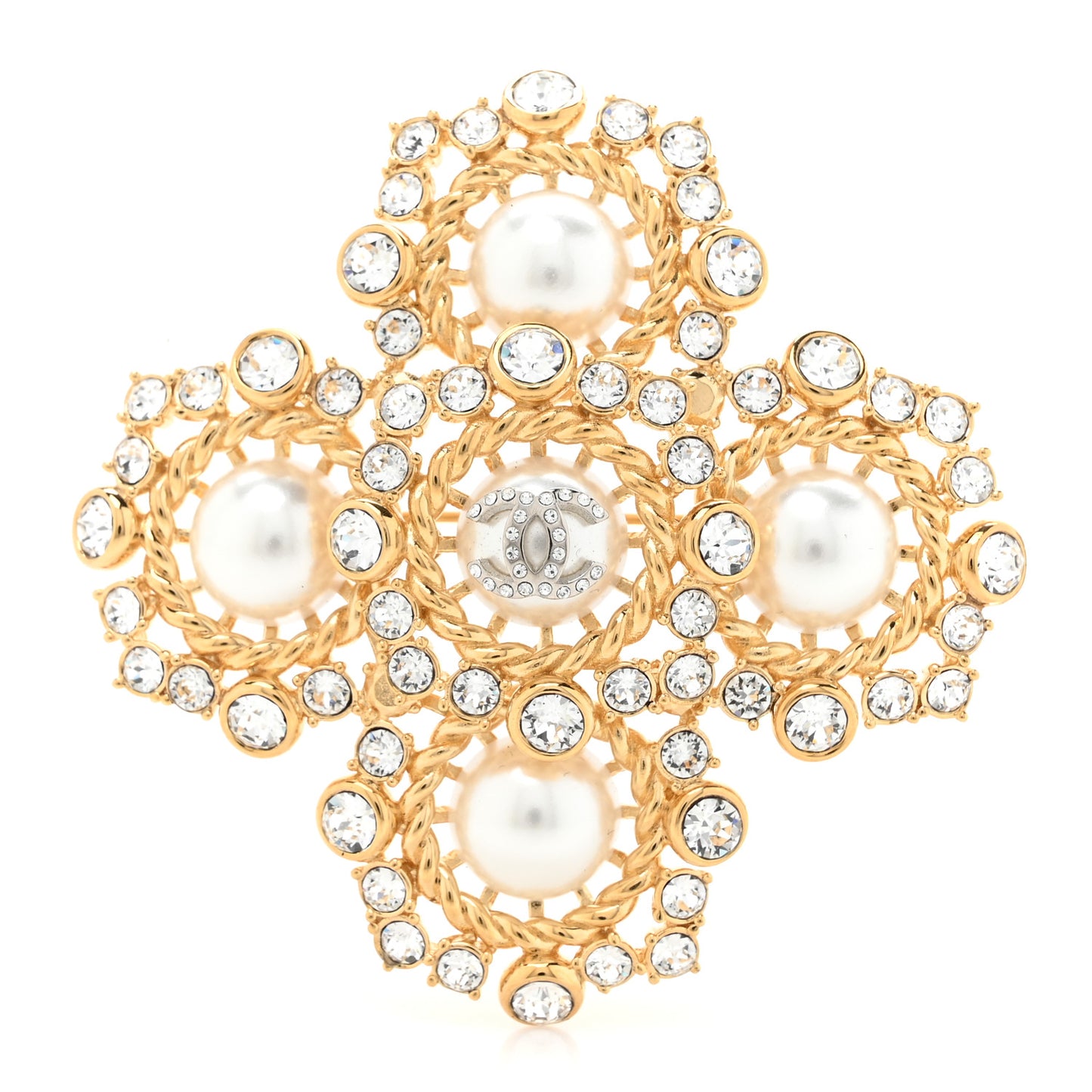 Pearl Crystal CC-Casino Brooch Gold