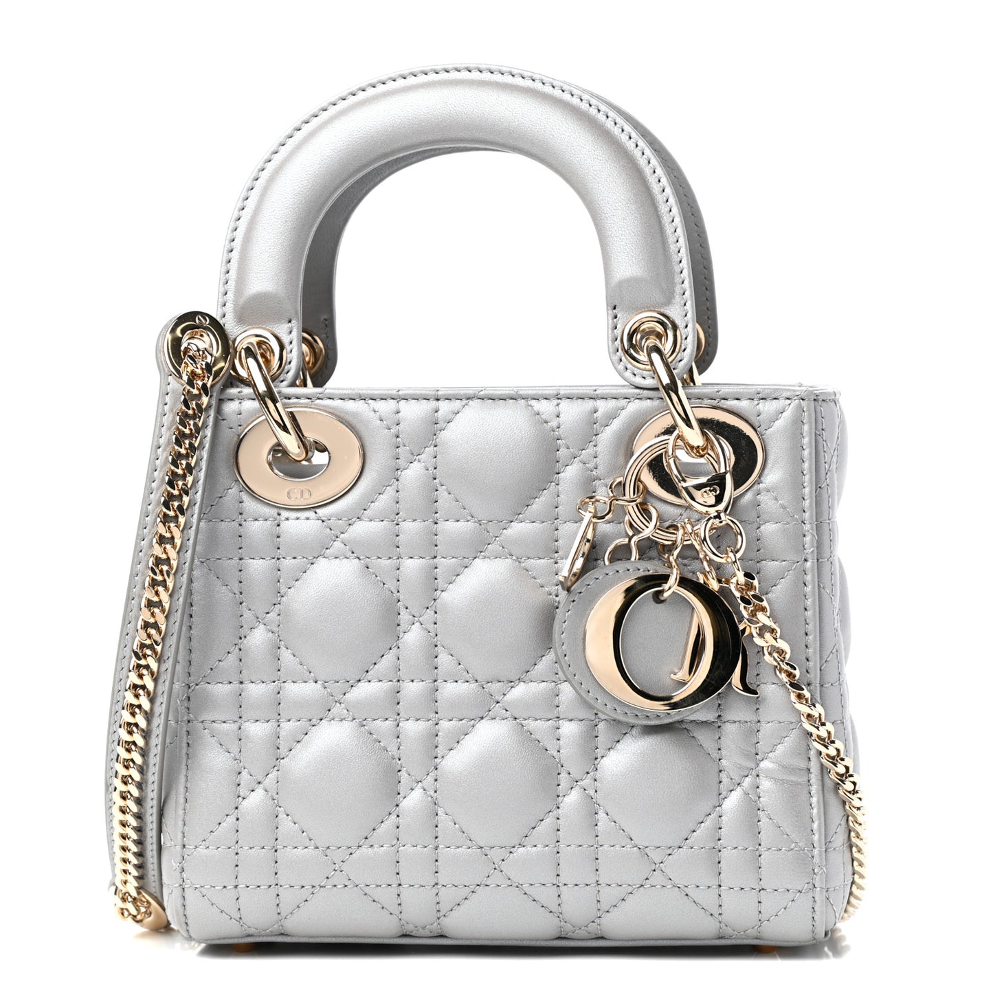 Metallic Lambskin Cannage Mini Lady Dior Grey