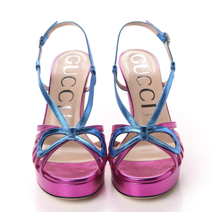 Gucci Metallic Nappa Crystal Zephyra Slingback Platform High Heel Sandals 40 Fuchsia Dark Turquoise 2 of 9