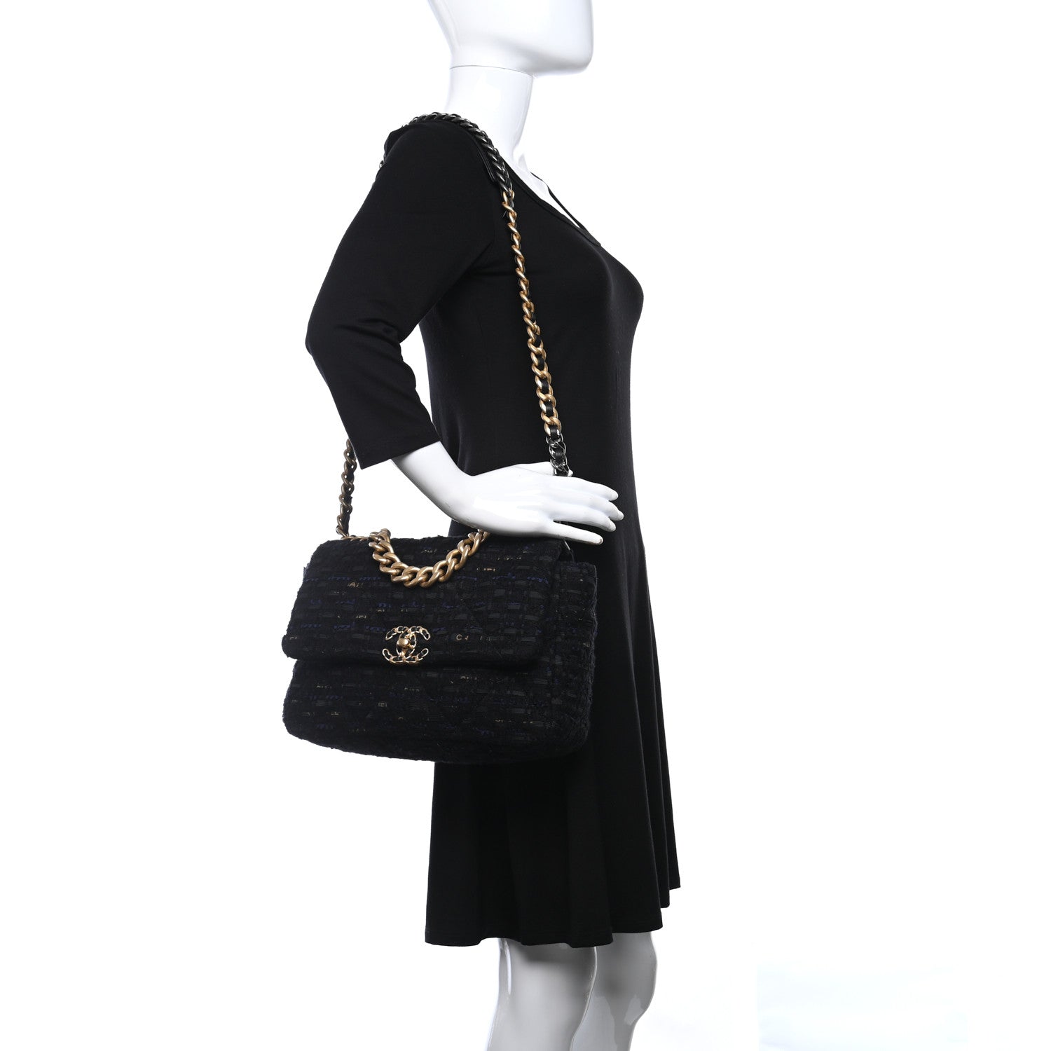 Chanel Tweed Quilted Large Chanel 19 Flap Black Navy Gold 2 of 9