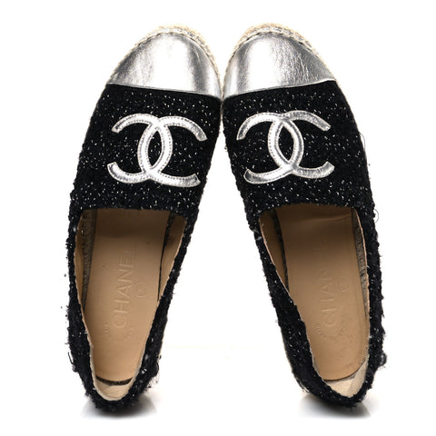 Metallic Lambskin Tweed CC Espadrilles 37 Black Silver