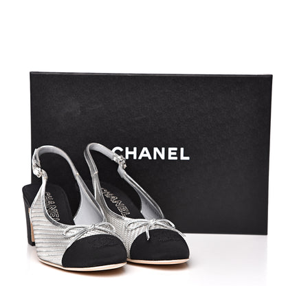 Chanel Woven Plastic Grosgrain Cap Toe CC Slingback Pumps 38 Black Silver 10 of 10