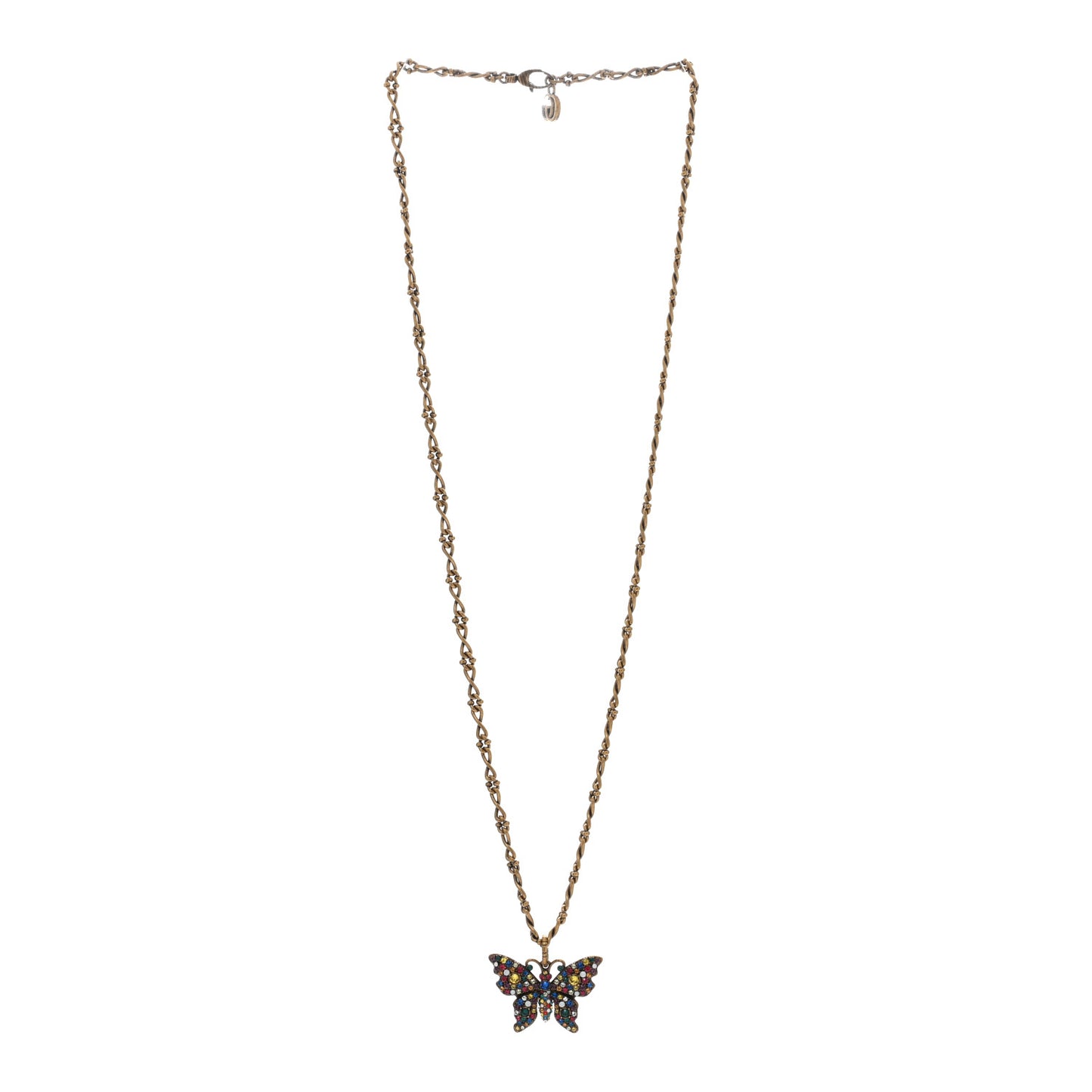 Metal Crystal Butterfly Necklace Aged Gold Multicolor