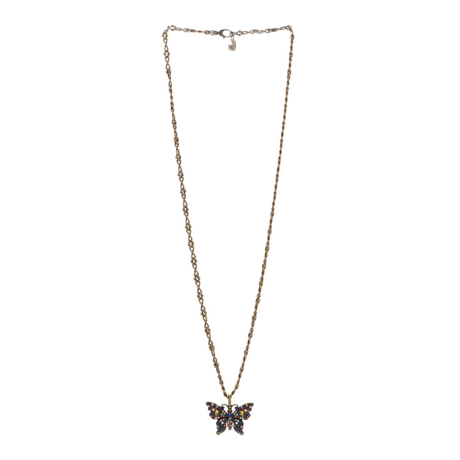 Gucci Metal Crystal Butterfly Necklace Aged Gold Multicolor 3 of 4