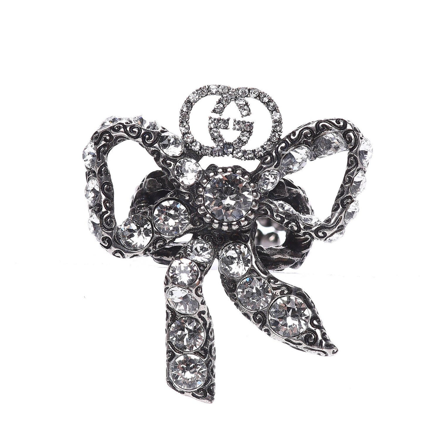 Metal Crystal Bow Ring 5 Aged Silver